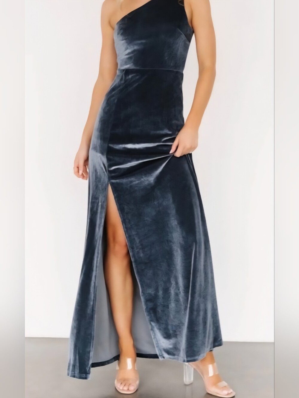 Baltic Born One-Shoulder Slate Blue Tatiana Velvet Gown with High Slit Medium